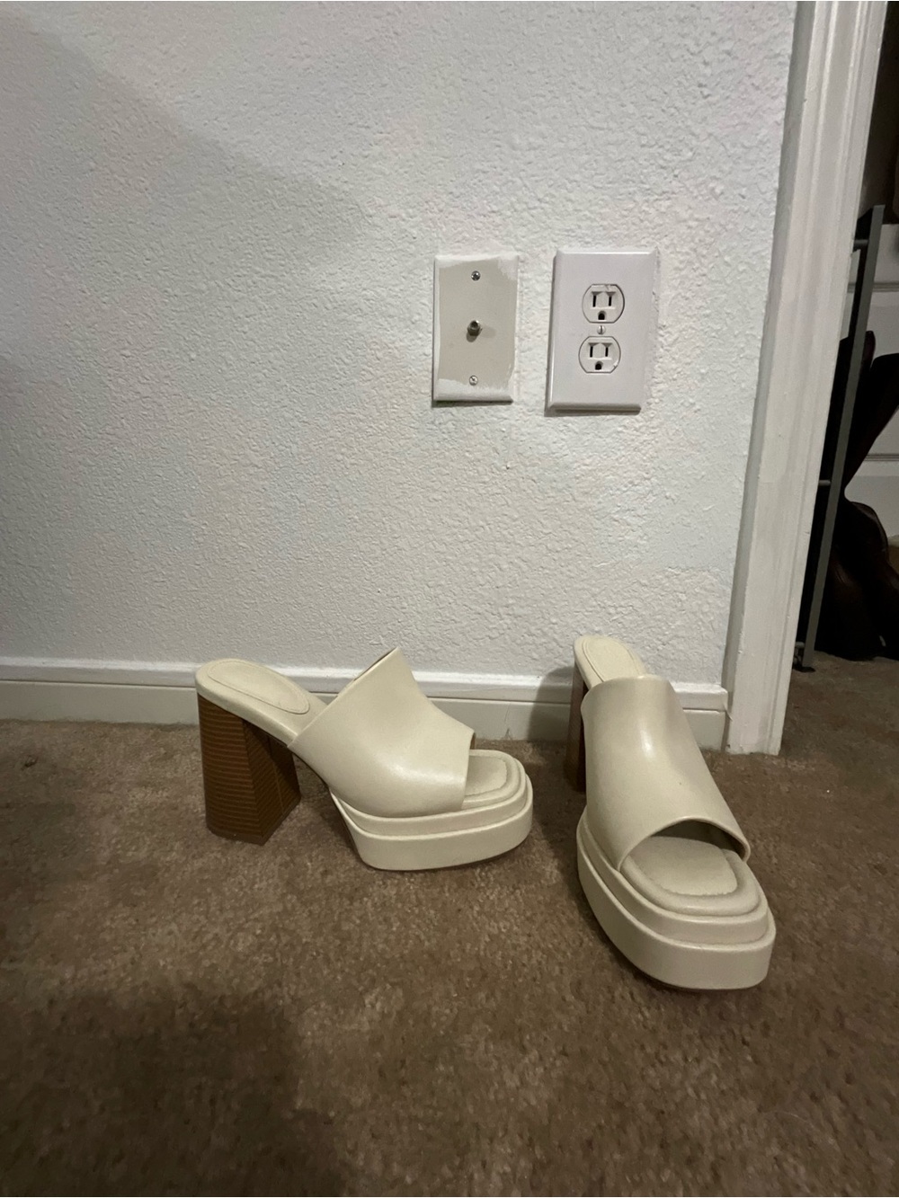 Cream Platform Slide Heels with Wood-Tone Block Heel